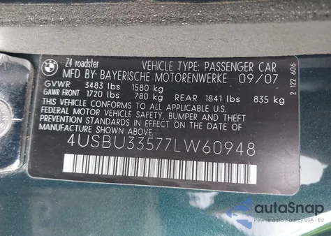 2007 BMW Z4 3.0I из США, поврежденный, VIN 4USBU33577LW60948